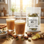 kardamon-20g-dwie-parujące-szklanki-z-kremową-herbatą-Masala-Chai-z-pianką-laski-cynamonu-anyż-gwiazdki-plasterki-imbiru.png
